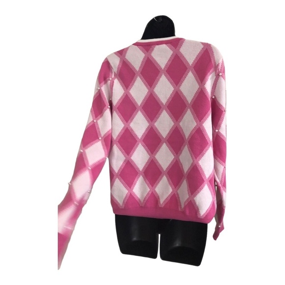 Nanette Lepore pink white diamond print long sleeve cardigan sweater size medium - Picture 9 of 9